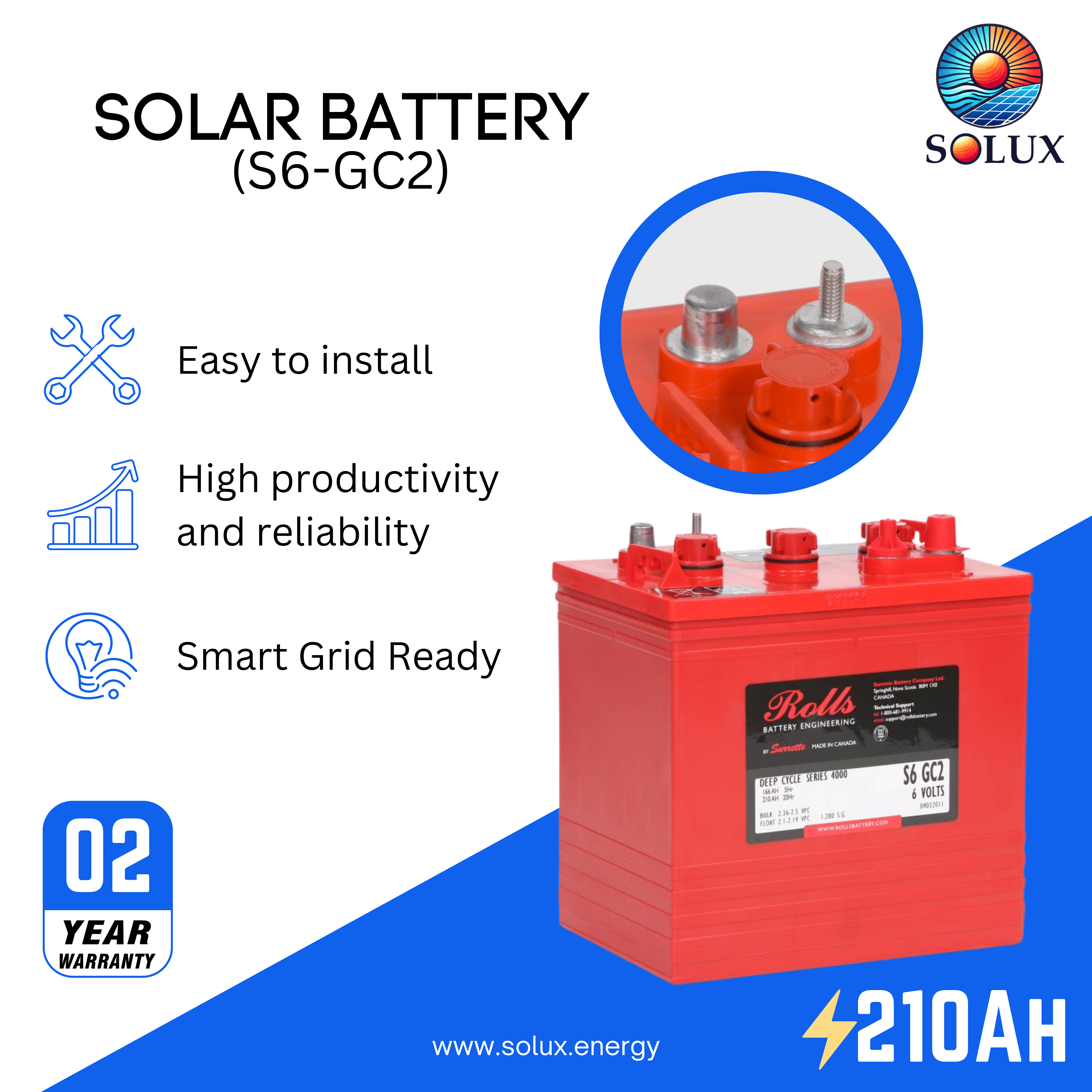 The rolls surrette s6-gc2 battery is a reliable and high-performance deep cycle battery, ideal for a variety of applications, including renewable energy systems, RVs, and boats.
